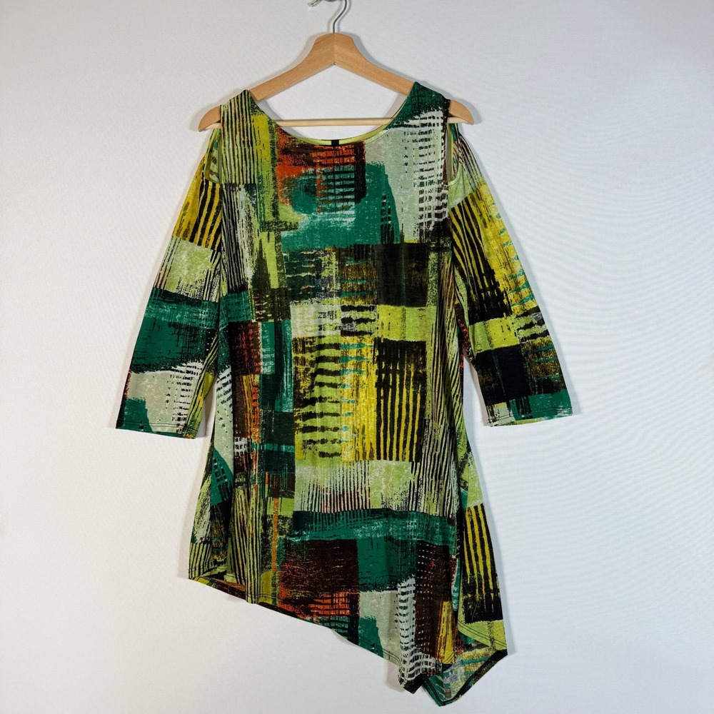 IC by Connie K‎ Large Mini Dress Abstract Cold Shoulder Women Sheer Resort Chic